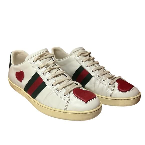 Gucci Ace Hearts Web Stripe Sneakers White Leather Low Top EU 37.5 US 7.5
